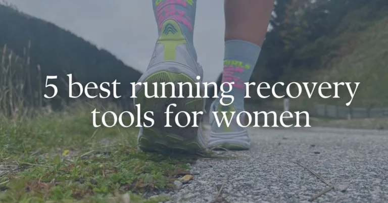 picture of running shoes with a text overlay "5 best running recovery tools for women"