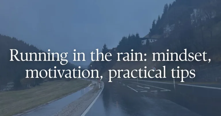 Title graphic with a picture of a running road and text overlay "running in the rain: mindset, motivation, practical tips"