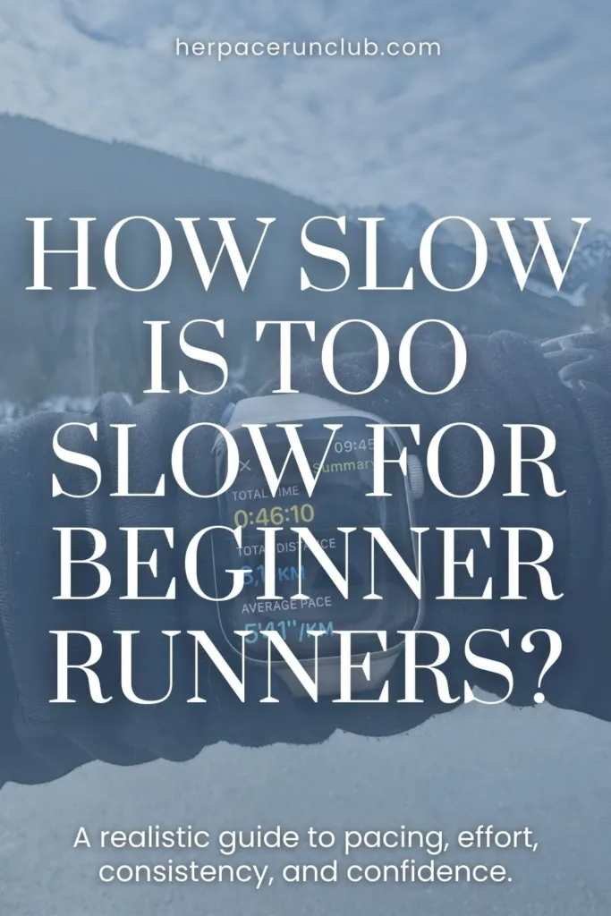 a picture of a running road with a text overlay "how slow is too slow for beginner runners: a realistic guide to running pace, effort, and confidence"
