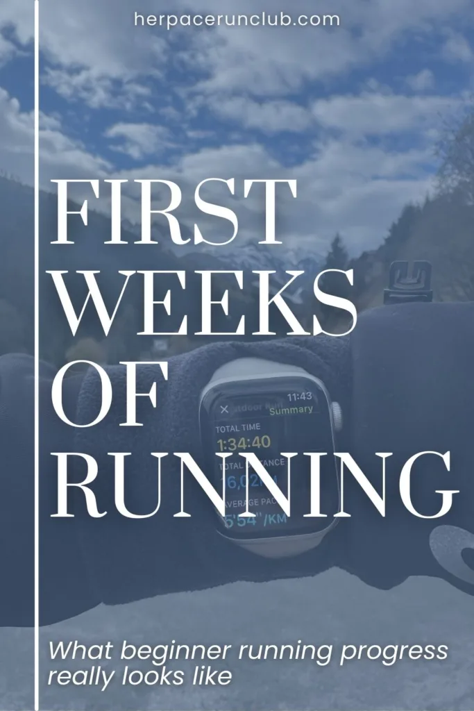 a picture of a running watch with a text overlay "first weeks of running: what beginner running progress really looks like"